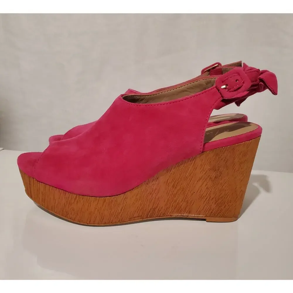 Anthropologie Bow Back Suede Leather Wood Wedge Sandal Size 6M Hot Pink Open Toe
